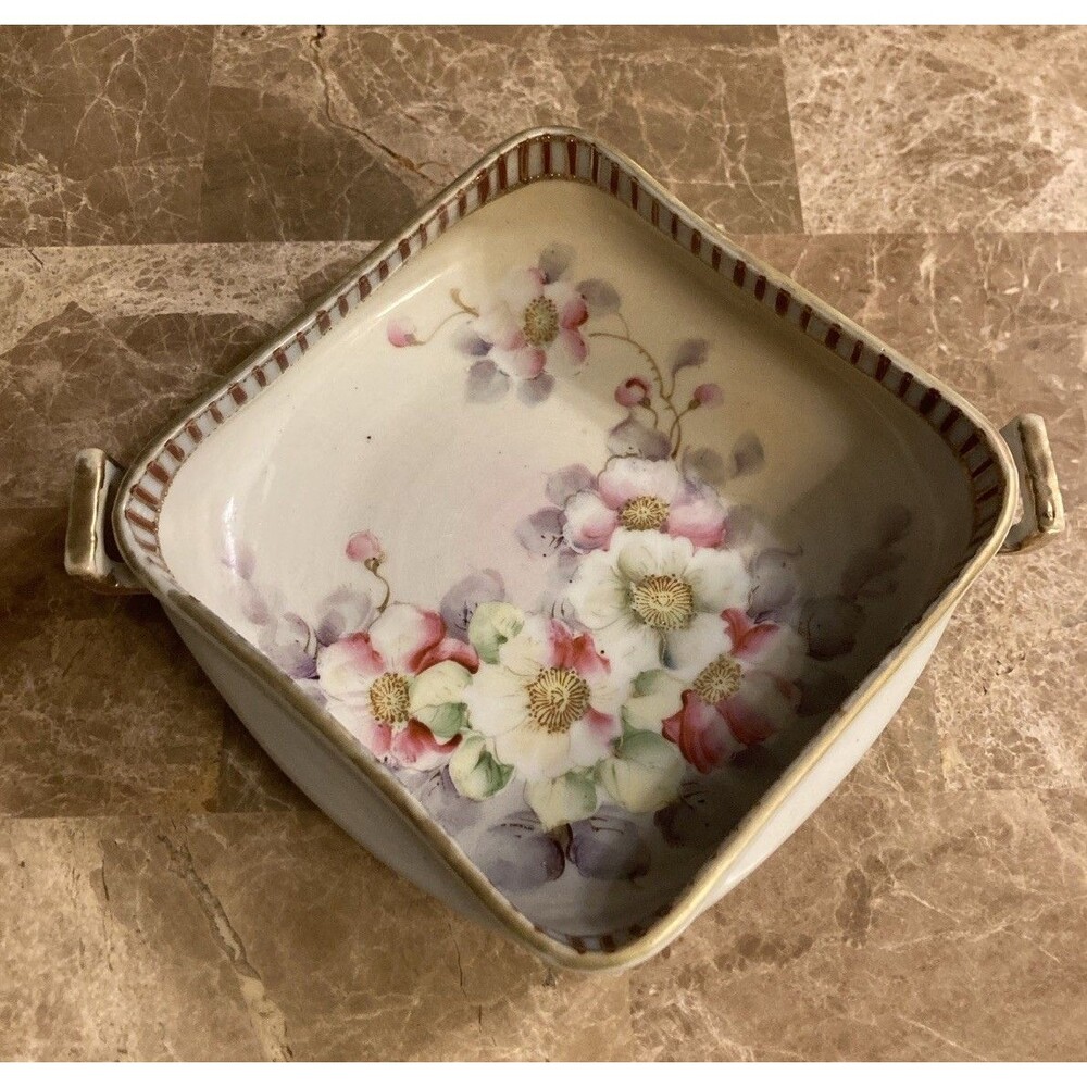 Antique Japanese Nippon Porcelain Square Bowl Floral Decoration 2 Handles 5.5”